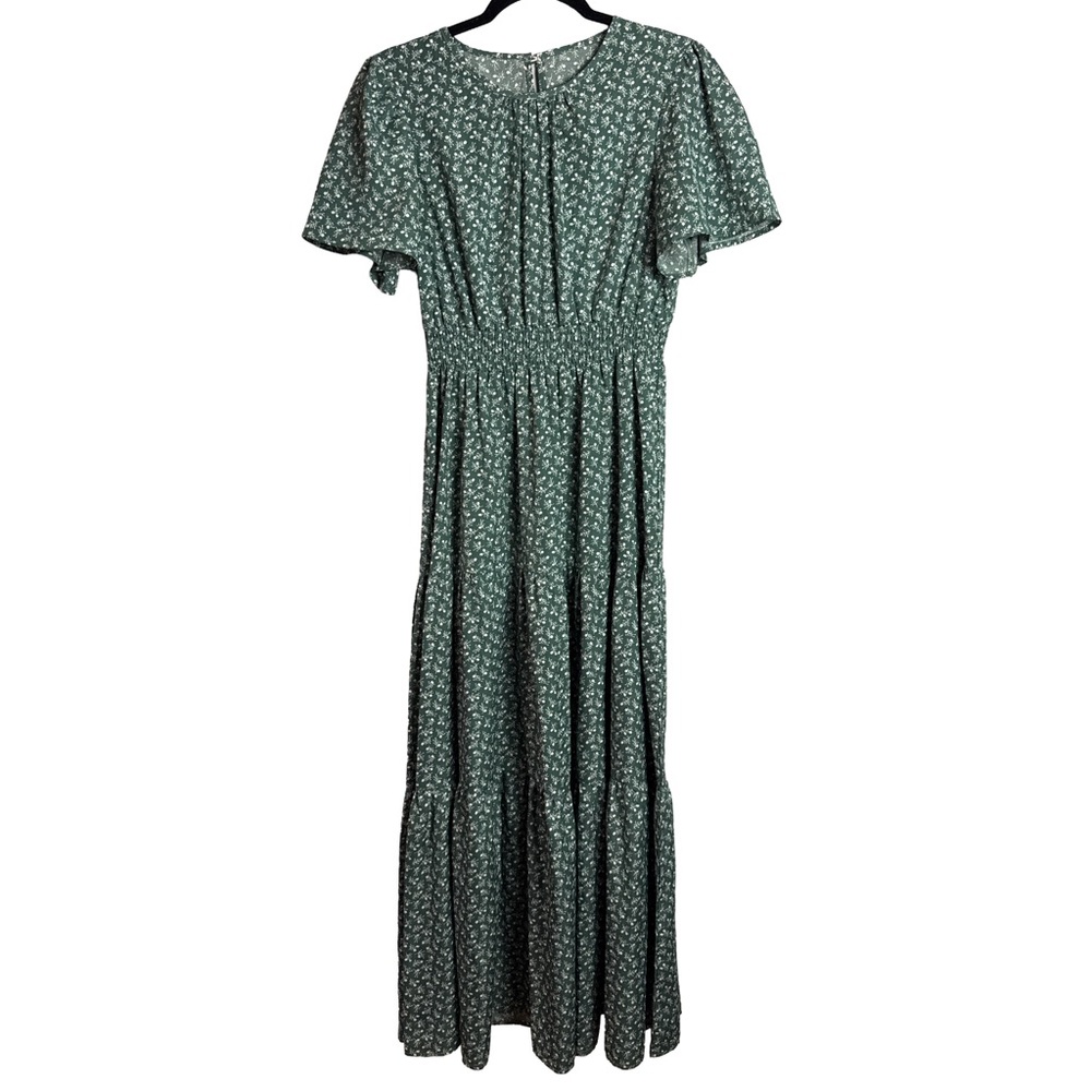 Green Floral Maxi Dress Smocked Waist Cottagecore